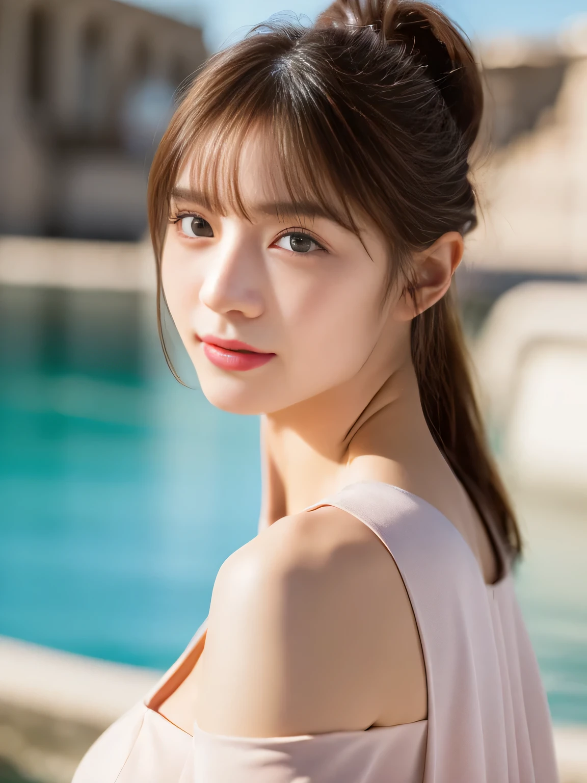 ((highest quality, 8K, masterpiece :1.3)), (realistic, Photoreal:1.4), sharp focus：1.2, 
Bright colors, professional level, shallow depth of field, 
25-year-old, (Half Japanese and half German woman), 1 person, A beautiful face with intelligence, 
Supple body :1.3, model body shape:1.5, 頭w:1.4, perfect style：1.4, 
narrow shoulders, beautiful clavicle, long and thin legs, The beauty of slim abs :1.2, thin waist :1.2, 
super detailed skin, Fair skin, Shiny skin, 
super detailed face, slim facial contour, beautiful small face, Beautiful lined nose, 
super detailed eyes, long slit eyes, brown eyes, double eyelid, beautiful thin eyebrows, fine long eyelashes, 
super detailed lips, plump lips, glossy pink lips, flushed cheeks, beautiful teeth, 
Beautiful actress&#39;s ennui makeup, pink lipstick, silver necklace, earrings, 
light brown hair, delicate soft hair, 
(hair up, ponytail :1.2), layer cut, (dull bangs:1.2), 
(Dress up with trendy fashion:1.2), 
gentle smile, open mouth half way, Enchanted expression, stare at the camera, 
(Full body image from the waist), dynamic lighting, 

((She is completely naked and wearing a thin red blouse.)),  
(perfect breast shape, B cup:1.2), A small pink areola, 
She has a cute plump butt, My thighs are dazzling, 
(standing in a beautiful posture:1.2), 
(facing forward, Show me your whole body, pay attention to your feet:1.4), 

White House on Santorini, blue sky and aegean sea, 
cinematic lighting, midsummer rays, 