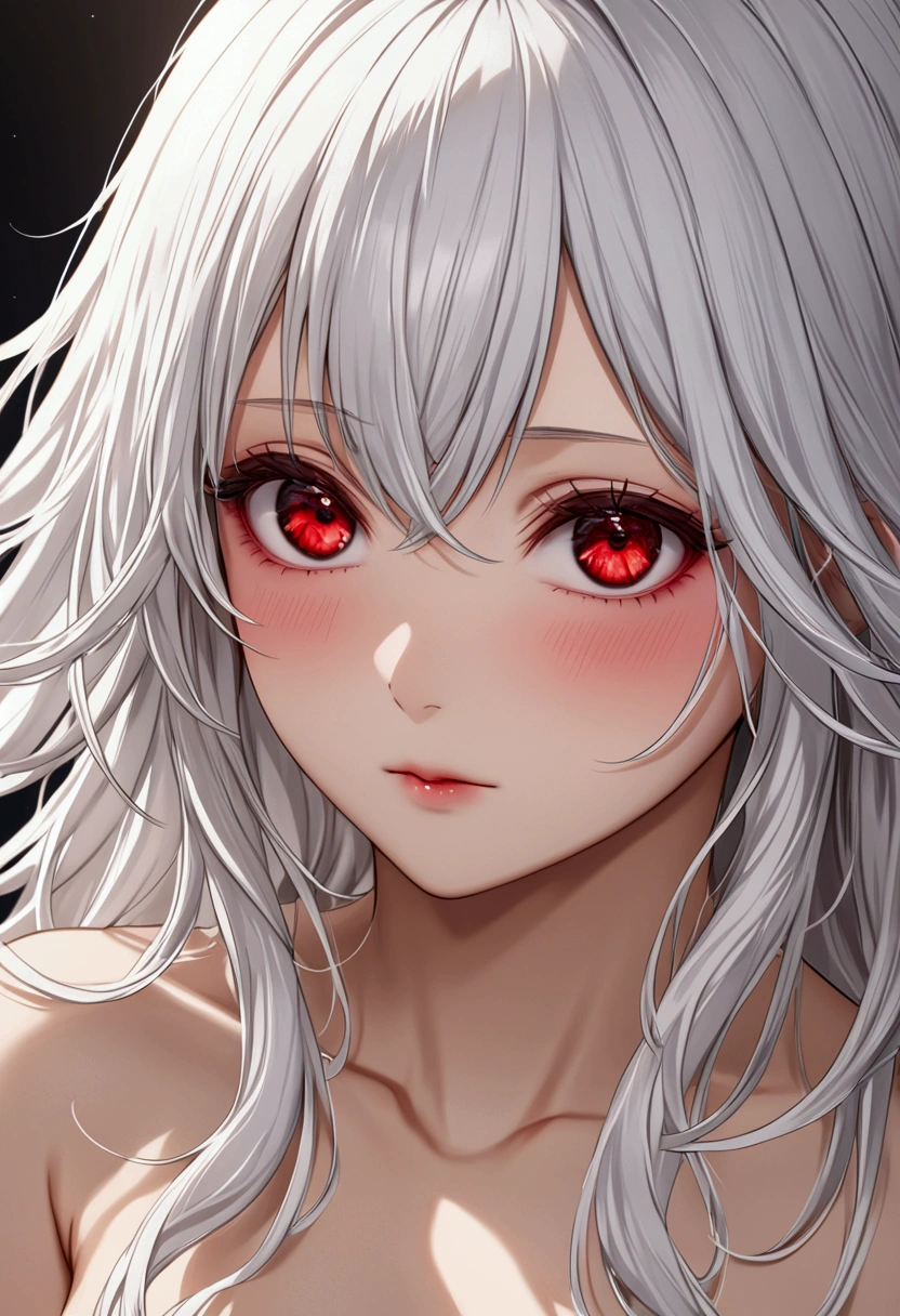 Long white hair, red eyes, body,nude,detailed hair, detailed eyes,detailed body, best quality, high resolution, 8k