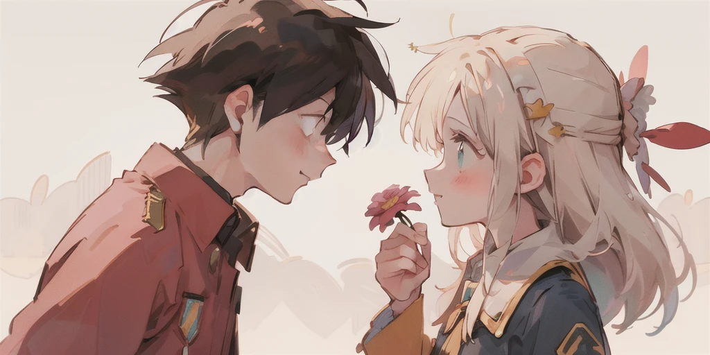 profile, One shy girl with emerald green eyes and long white hair, A boy with dark hair giving flowers to his girlfriend, Look at others, making eye contact, shirt, collared shirt