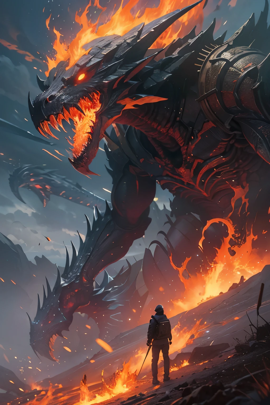 A very detailed painting,Depicts a man have a weapon on a hill gazing at a giant alien monster flame breath, author:Shinkai Makoto, By Art Jem, From Wlop, author:Greg Rutkowski, Volumetric Lighting, Octane Rendering, 4K resolution, Popular on artstation, masterpiece ,wind magic