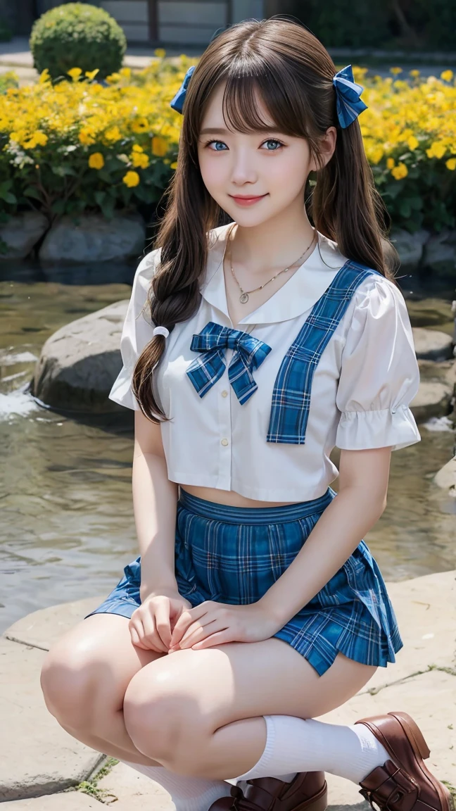(3 girls),smile、Look into the camera、necklace、JK school uniform（Plaid skirt, white shirt），There is a blanket covering the whole body. The material is smooth and flexible.、exposed upper arms、Long, knee-length socks. Extra long twin tail hair、close range shooting、Flower Hair Ornaments、Blindfold、Garter、Squat with legs wide apart. A masterpiece., Highest quality, 8ก, beautiful girl, young face、 photography, Cute face, thigh,in the stream,、รอยsmile、small waist, blue eyes  (((The chest is erect.)))(((round chest)))