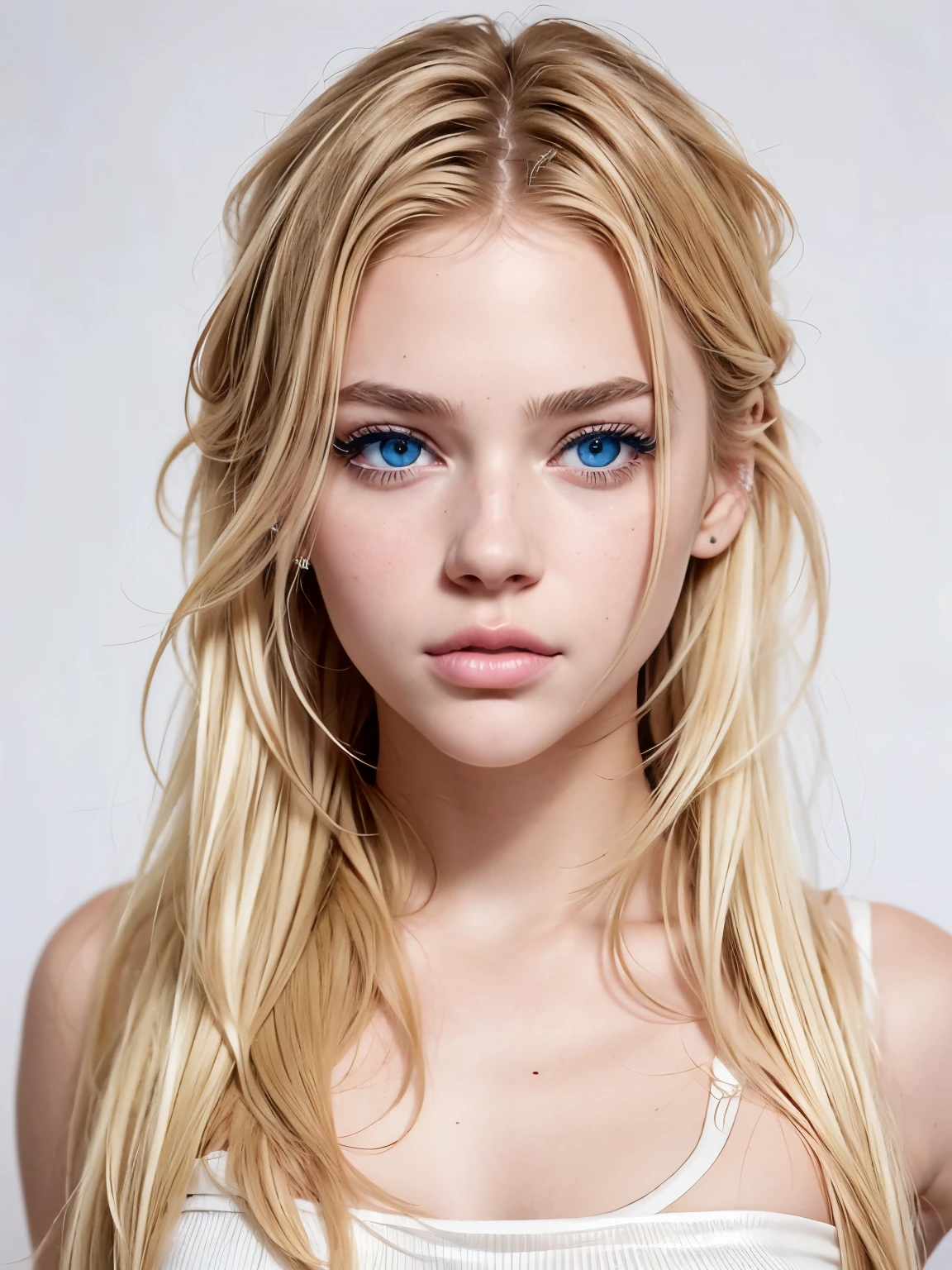 front photo. bust ((AlexiaThompson01R's face)). white background. beautiful. perfect, blonde hair, blue eyes. black sleeveless shirt. vibrant blue eyes. loose hair. hair falling over one eye. pink lips. perfect, white skin. thin nose, thin chin.