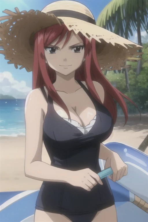 1girl, solo, Erza Scarlet, Fairy Tail, red hair, long hair, facing the viewer, looking at the viewer, sidelocks, big breasts, cleavage, (black swimsuit), (wide-brim straw hat), smile, seductive, closed mouth, (close-up), sunny weather, beach