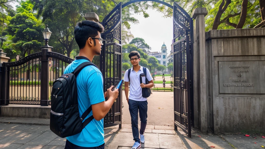 University gate, the name of the university is' jadavpur university ',a male student wearing power glass is standing in front of the gate with school bag,files in one hand,mobile phone in other hand seeming vlogging