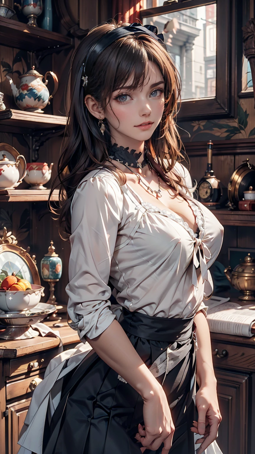 American Contemporary Antique Room, Black Cat Wall Clock, Tinplate trailer, Pixar, Ultra-high resolution, Accurate, Attention to detail, Awards, Highest quality、24-year-old woman、High neck blouse with frills、High Waist Skirt、Silver Necklace、Ribbon headband、Nipple swelling emphasis