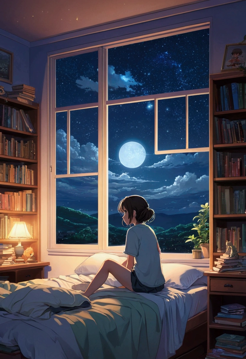 Messy room, Bed in the center of the room, Books on the bookshelf, comfortable, Night view, Starry Sky, moonlight, Large windows, cozy landscape anime style, anime, Ghibli Color, High resolution, high quality, Attention to detail, Super Detail, masterpiece,The girl is sitting on the bed,