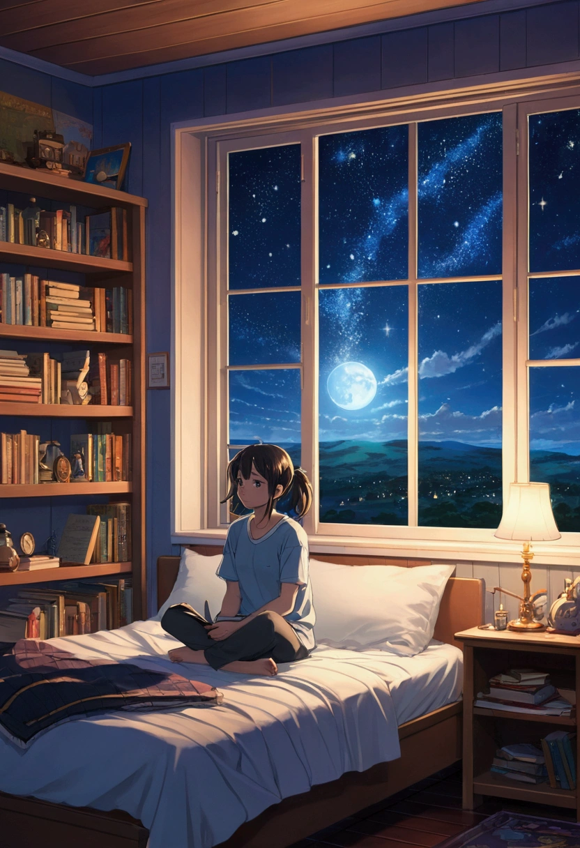 Messy room, Bed in the center of the room, Books on the bookshelf, comfortable, Night view, Starry Sky, moonlight, Large windows, cozy landscape anime style, anime, Ghibli Color, High resolution, high quality, Attention to detail, Super Detail, masterpiece,The girl is sitting on the bed,