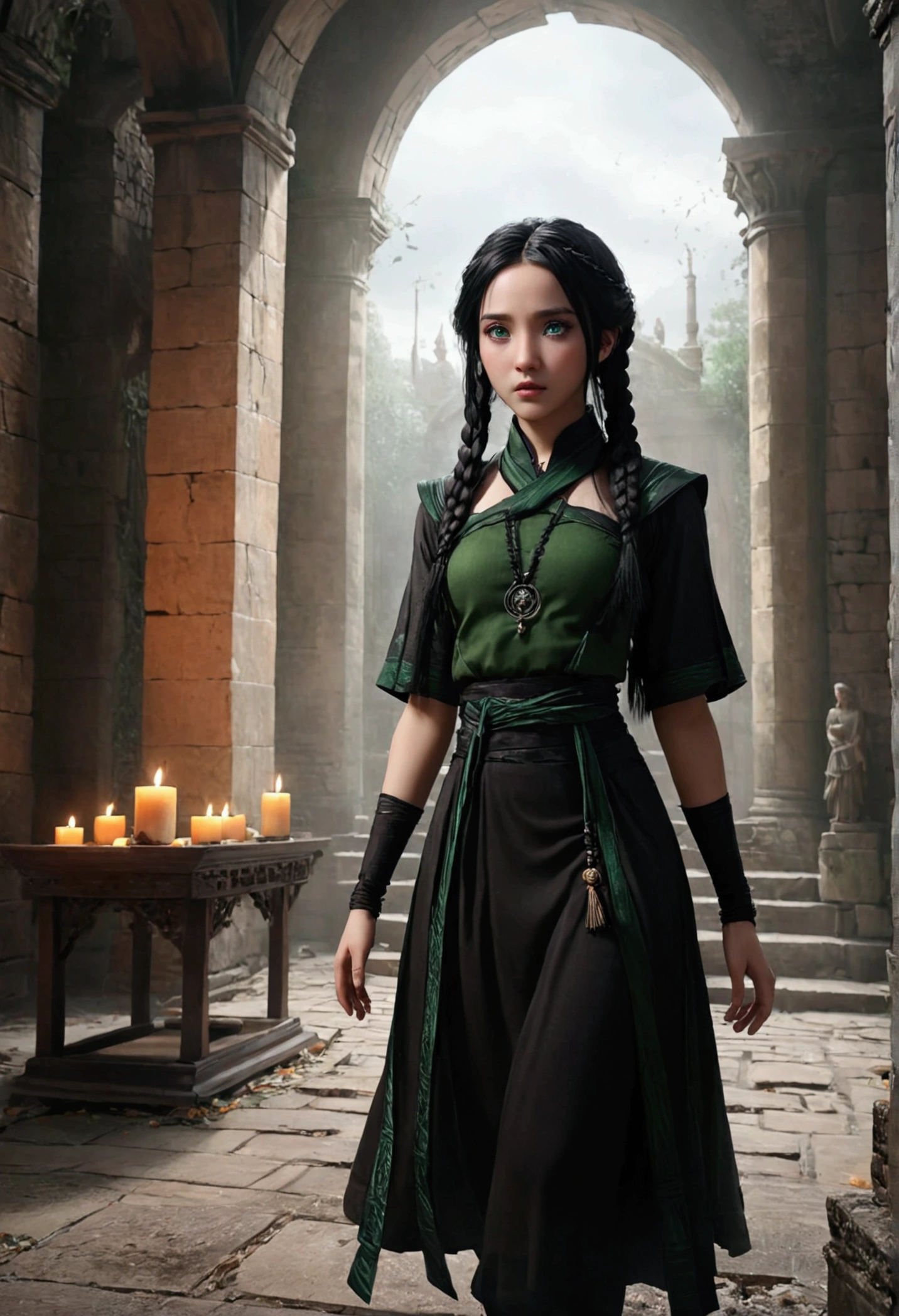 Inside the ancient ruins、In front of an altar illuminated by a mysterious power、One England girl , daughter of severus snape , black hair braided , 8 year old , green eyes , black hair braided , takes center stage。Her neat clothes and perfect features、With a clever gesture、Gives a feeling as if you have traveled back in time。Her appearance makes full use of realistic materials and textures.、Combining ancient mystery and modern beauty。This whole scene has、Artistic shading effect、There is a sense of dynamism reminiscent of the climax scene of a movie.。This high-quality, ultra-detailed illustration、Bring out the charm of the main heroine to the fullest
