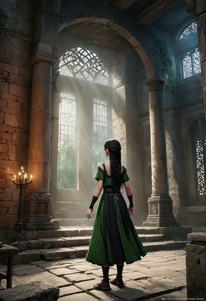Inside the ancient ruins、In front of an altar illuminated by a mysterious power、One England girl , daughter of severus snape , black hair braided , 8 year old , green eyes , black hair braided , takes center stage。Her neat clothes and perfect features、With a clever gesture、Gives a feeling as if you have traveled back in time。Her appearance makes full use of realistic materials and textures.、Combining ancient mystery and modern beauty。This whole scene has、Artistic shading effect、There is a sense of dynamism reminiscent of the climax scene of a movie.。This high-quality, ultra-detailed illustration、Bring out the charm of the main heroine to the fullest