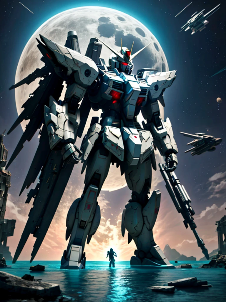 New launch century Gundam X, big moon, A fallen and destroyed space colony, Desolate Land, Broken Building, Submerged town, lake surface, Floating on the water, (standing on tiptoe:1.8), Satellite Cannon, Beautiful scenery, high resolution, Beautiful night sky, Multicolored light, Clean light, large on the back4Feathers、water surface, carrying a large cannon on his back, Super-high resolution、4K、countless stars々、overlooking, I'm poised, Firing regime, Bit-mobile suit around、