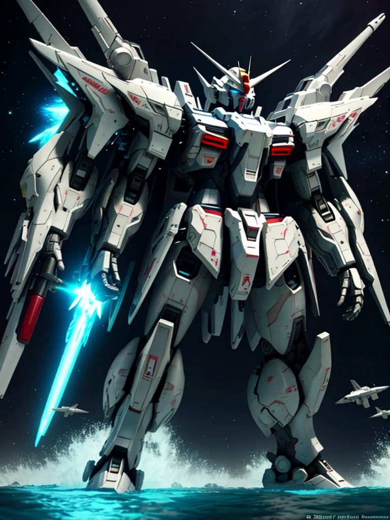 New launch century Gundam X, big moon, A fallen and destroyed space colony, Desolate Land, Broken Building, Submerged town, lake surface, Floating on the water, (standing on tiptoe:1.8), Satellite Cannon, Beautiful scenery, high resolution, Beautiful night sky, Multicolored light, Clean light, large on the back4Feathers、water surface, carrying a large cannon on his back, Super-high resolution、4K、countless stars々、overlooking, I'm poised, Firing regime, Bit-mobile suit around、