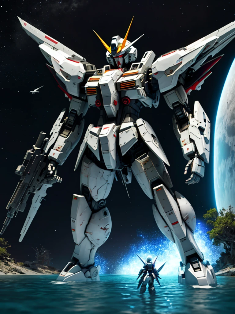 New launch century Gundam X, big moon, A fallen and destroyed space colony, Desolate Land, Broken Building, Submerged town, lake surface, Floating on the water, (standing on tiptoe:1.8), Satellite Cannon, Beautiful scenery, high resolution, Beautiful night sky, Multicolored light, Clean light, large on the back4Feathers、water surface, carrying a large cannon on his back, Super-high resolution、4K、countless stars々、overlooking, I'm poised, Firing regime, Bit-mobile suit around、