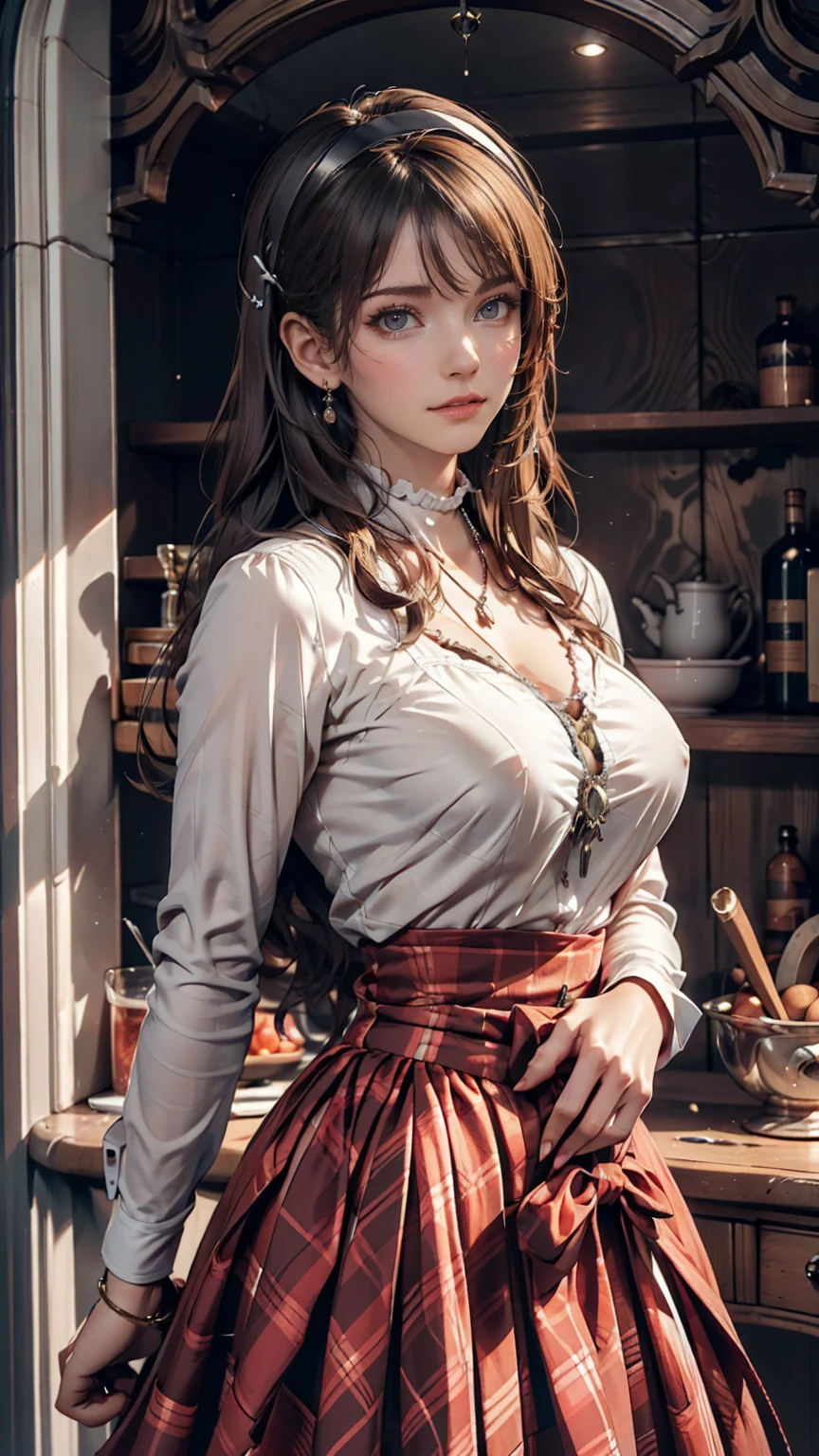 American Contemporary Antique Room, Black Cat Wall Clock, Tinplate trailer, Pixar, Ultra-high resolution, Accurate, Attention to detail, Awards, Highest quality、24-year-old woman、High neck blouse with frills、High Waist Skirt、Silver Necklace、Ribbon headband、Nipple swelling emphasis