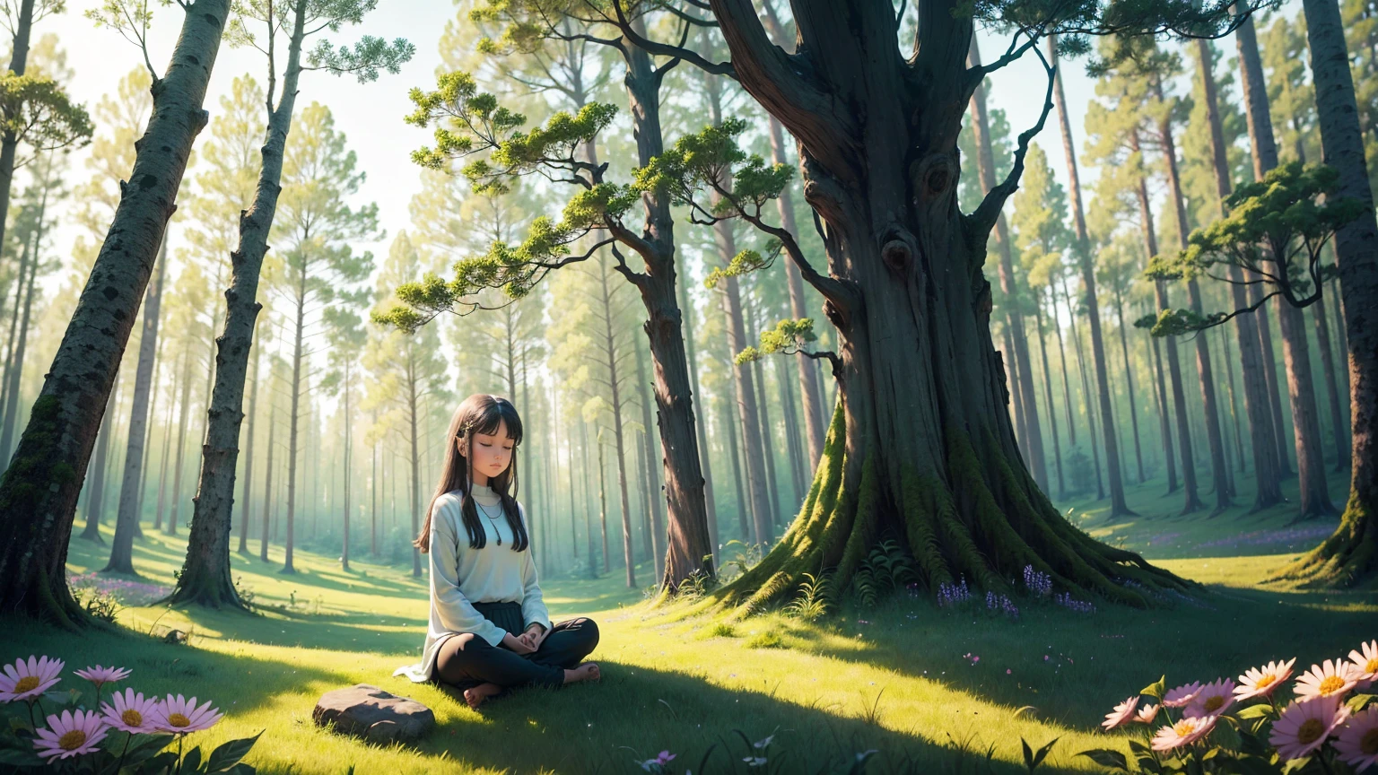 A photo of a girl meditating, surrounded by nature, like a peaceful forest or a field full of colorful flowers.. 
This image conveys a sense of serenity, connection with nature and an atmosphere of peace, which is consistent with the tone of the prayer.