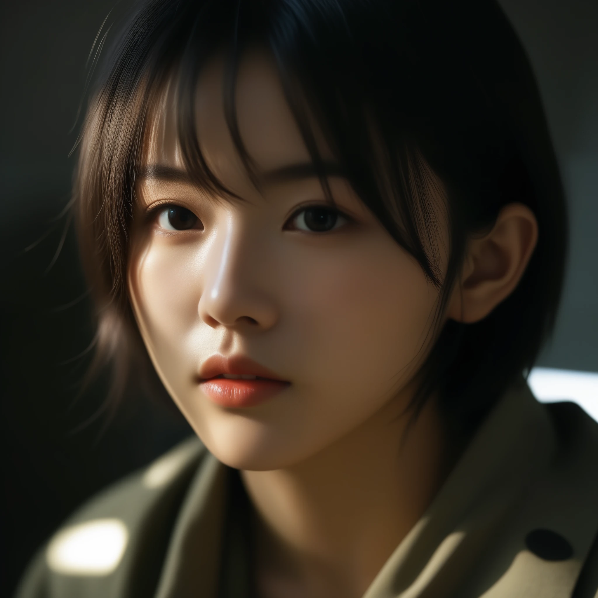8k, Ultra-high resolution, Highest quality, masterpiece, 三分割法によるphotograph,Surreal, photograph, 1 Girl, (:1.3), pretty girl, Cute Face, Beautiful eyes in every detail, 細かくdetailedに,masterpiece,One Girl:1.2,Japanese female soldier,extream close up,furious,Black short hair,Bob with bangs, (combat uniform:1.3),Muddy Face,Sharp contours,Looking down, (Dirty Face:1.3),battlefield, Light from above, Low contrast, (Side view),, Perfect and beautiful face ,完璧でCute Face, Skin with attention to detail, Perfect limbs、Narrow waist,Looking at the audience,(((Ideal body type))),A cup small breasts :2,Portraiture:2,Perfect Anatomy,鮮明なdetailed,detailed,Surreal,Light and shadow,darkness