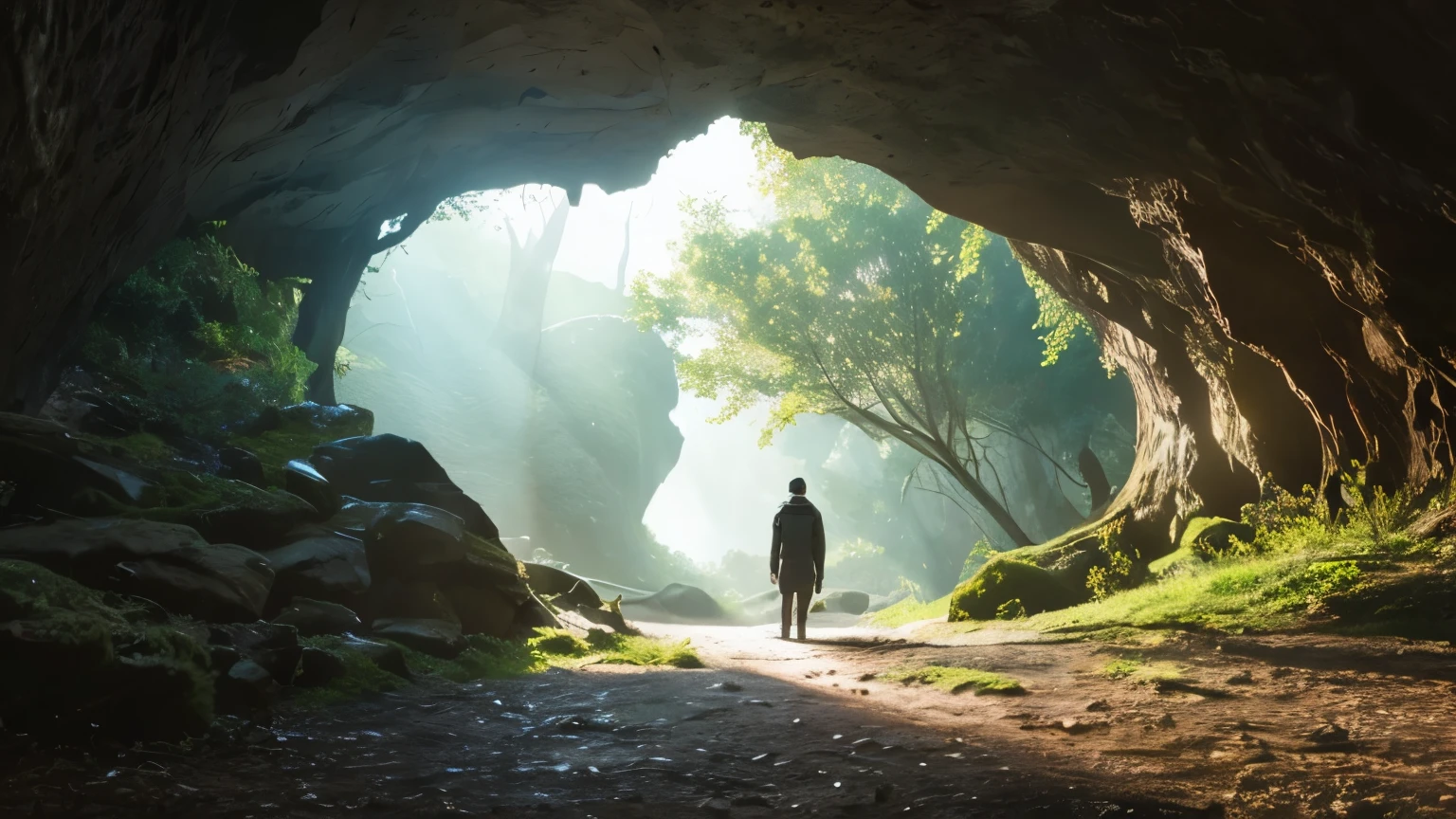 A cave in the deep forest that never ends. There are people standing in front of the cave. Desperately looking inside
