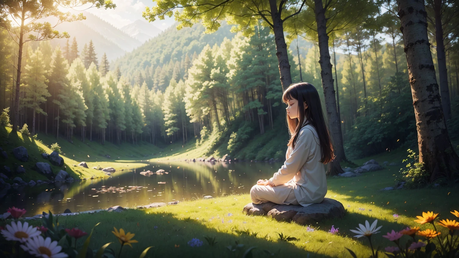 A photo of a girl meditating, surrounded by nature, like a peaceful forest or a field full of colorful flowers.. 
This image conveys a sense of serenity, connection with nature and an atmosphere of peace, which is consistent with the tone of the prayer.