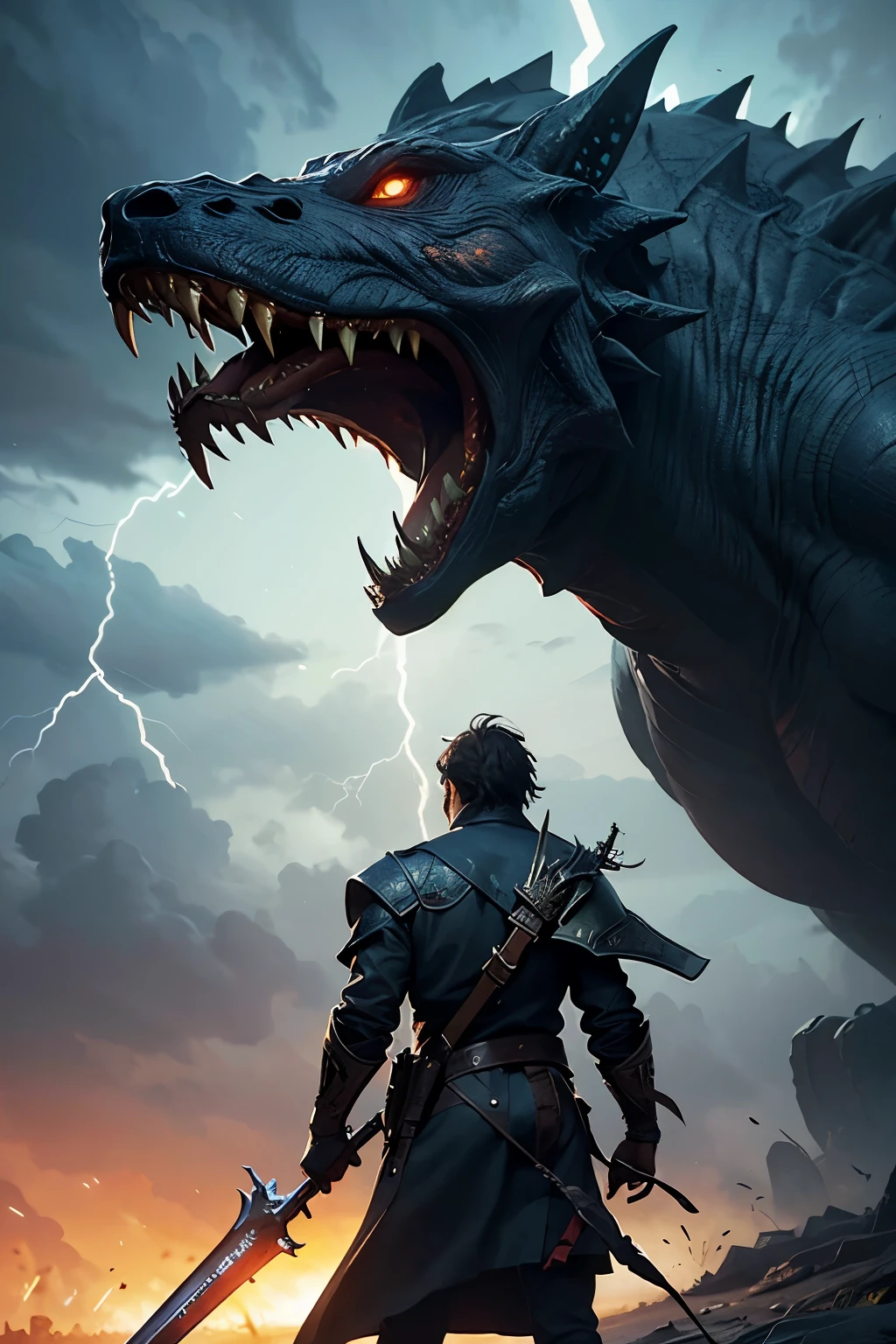 A very detailed painting,Depicts a man have a weapon on a hill gazing at a giant alien monster lightning breath, author:Shinkai Makoto, By Art Jem, From Wlop, author:Greg Rutkowski, Volumetric Lighting, Octane Rendering, 4K resolution, Popular on artstation, masterpiece ,wind magic