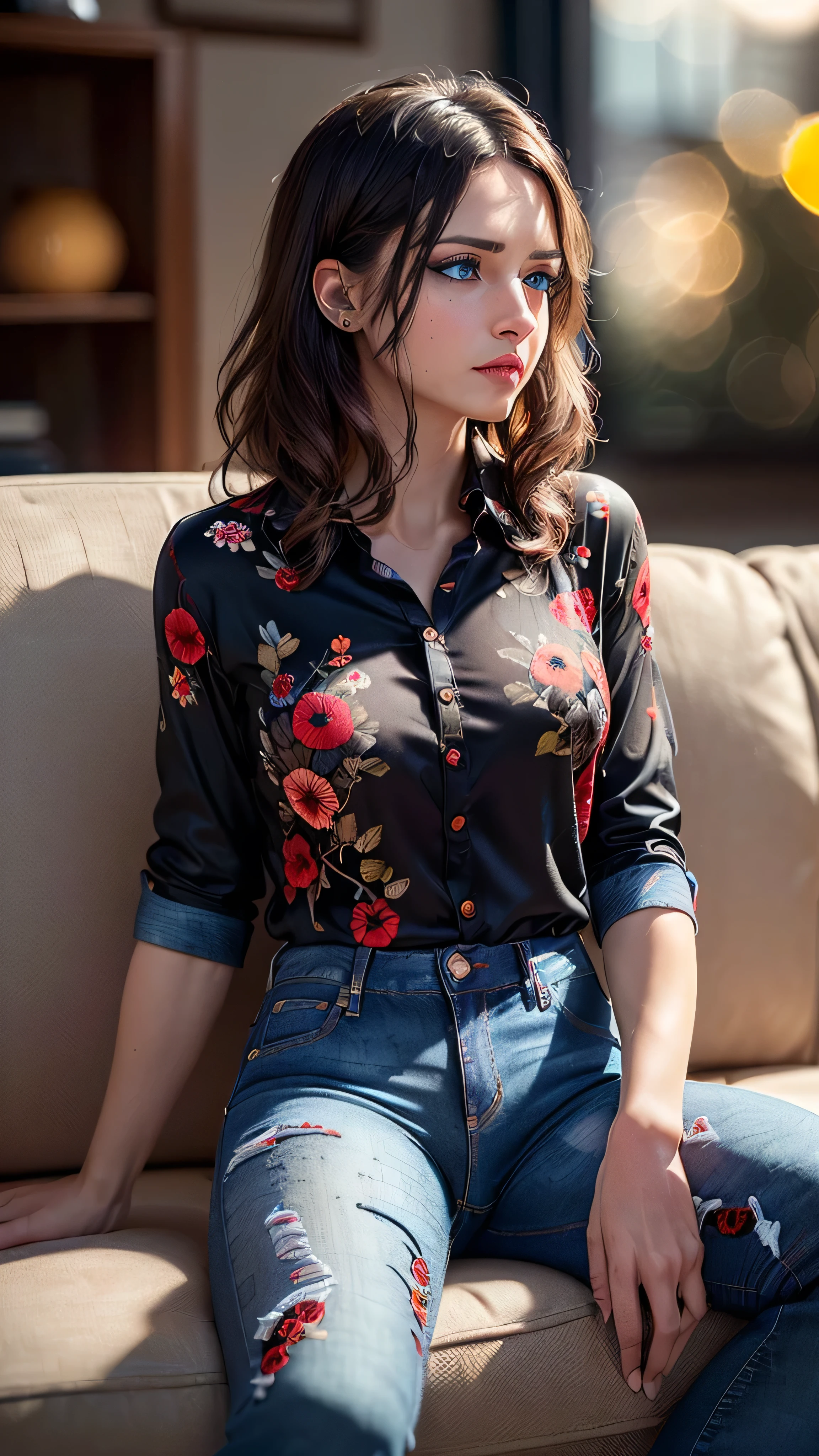 (masterpiece, photorealistic:1.4, extremely intricate:1.3), (photon mapping, radiosity, physically based rendering, ultra resolution, hyper-realistic, photorealistic:1.4, hyper-realistic, 8K), ((detailed woman, (soft loose red black flowerprint shirt, jeans, [ginger hair:dark hair:0.2], touseled hair, [flat chest:medium breasts:0.5]), sitting, white leather couch, (looking away, mature, [clear eyes:blue eyes:0.6]), [makeup:natural:0.5], elegant:1.3), BREAK, (((bokeh, Fujifilm, volumetric dim)))