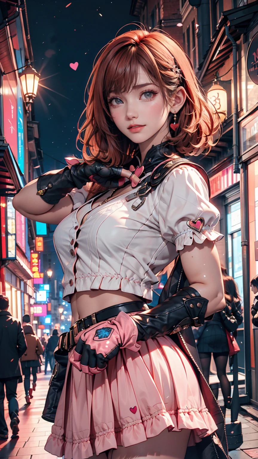 One girl,Cowboy Shot, Beautiful Nora_Valkyrie, View your viewers, smile, short hair, blue eyes,Heart Cutout, gloves,  Jacket, Pink Skirt, Pink Belt, Short sleeve, Puff sleeves, Wrist Seal, fingerless gloves, Orange Hair, pink gloves, Dynamic pose, night, Outdoor, city, (Volumetric lighting), Highest quality, masterpiece, Intricate details, Tone Mapping, Sharp focus, Super detailed, Trending on Art Station,