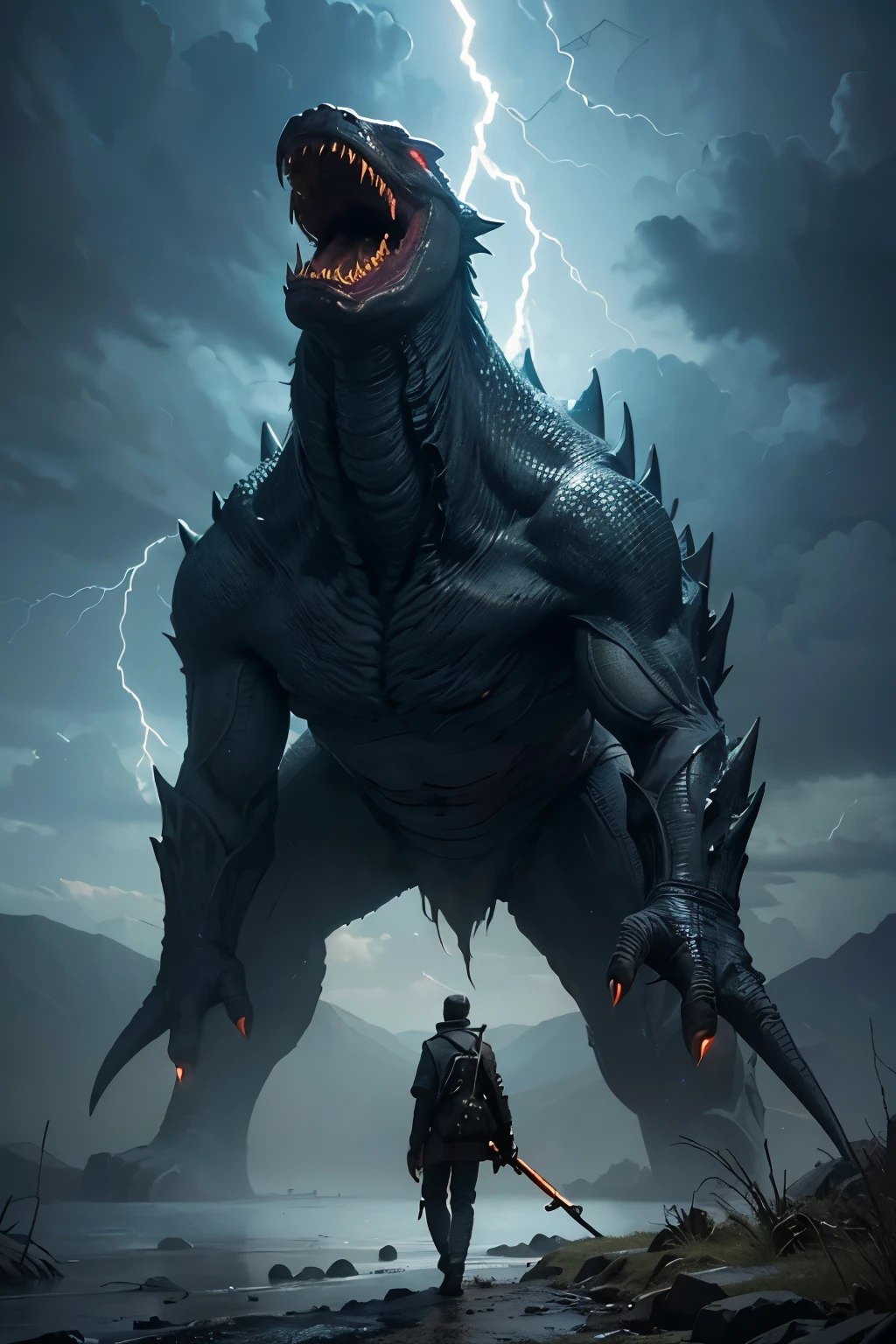 A very detailed painting,Depicts a man have a weapon on a hill gazing at a giant alien monster lightning breath, author:Shinkai Makoto, By Art Jem, From Wlop, author:Greg Rutkowski, Volumetric Lighting, Octane Rendering, 4K resolution, Popular on artstation, masterpiece ,wind magic