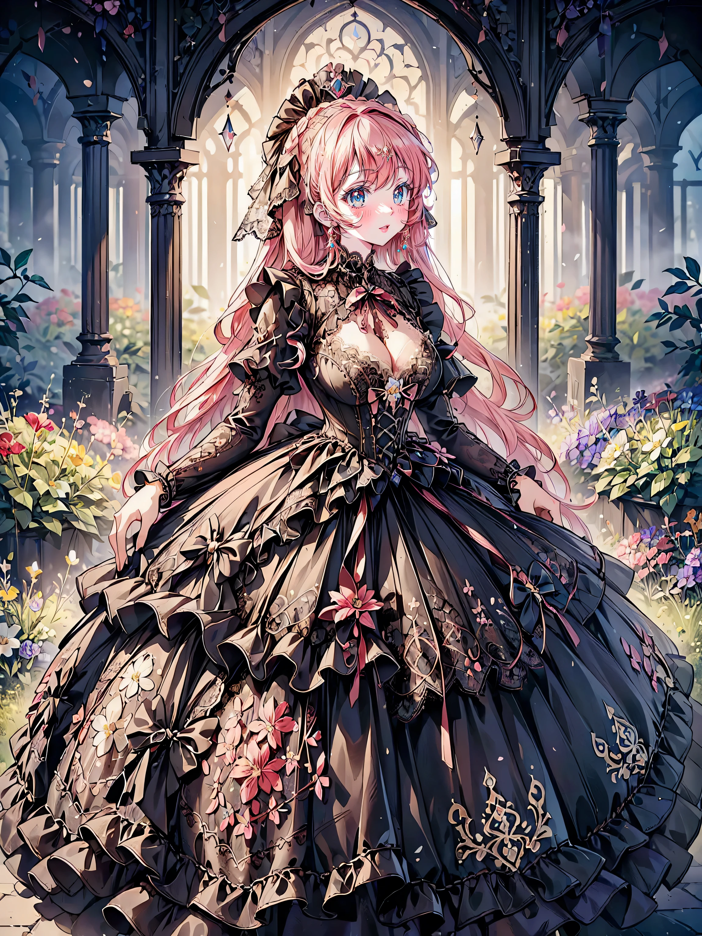 ((Superbly detailed drawing, ultra detailed, exquisite quality, absolutely resolution)), (((young face solo princess))), (((Unsurpassed gorgeous rococo victorian gown with voluminous huge hoopskirt and long hems, princess style skirt:1.5))), ((transparency gown, fluffy and full of pleats skirt:1.3)), (Super detailed and intricate exquisite design gown:1.5), ((overwhelming amount many ruffles with ribbons with intricate lace with Super detailed and intricate embroidery gown:1.9)), ((huge breasts, breasts cleavage)), (ponytail, fluffy long Expressive, hair pink hair), super voluminous long hair, hair ornament tiara, embarrassed, (((curtsey:2))), (blurry background, depth of field:1.5), super detailed skin, super delicate and beautiful face, (eyes blue eyes), (backlighting, particle effect, caustics), (((sharp focus))), ((lot's of colorful flowers, in fog forest:1.5)), (fisheye lens:1.2), (very wide shot, magnificent panorama view, dynamic angle:1.5), ((full body)), (looking viewer, looking up, from above, from front:1.5), 