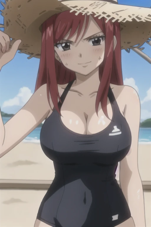 1girl, solo, Erza Scarlet, Fairy Tail, red hair, long hair, facing the viewer, looking at the viewer, sidelocks, big breasts, cleavage, (black swimsuit), (wide-brim straw hat), smile, seductive, blush, closed mouth, (close-up), sunny weather, beach