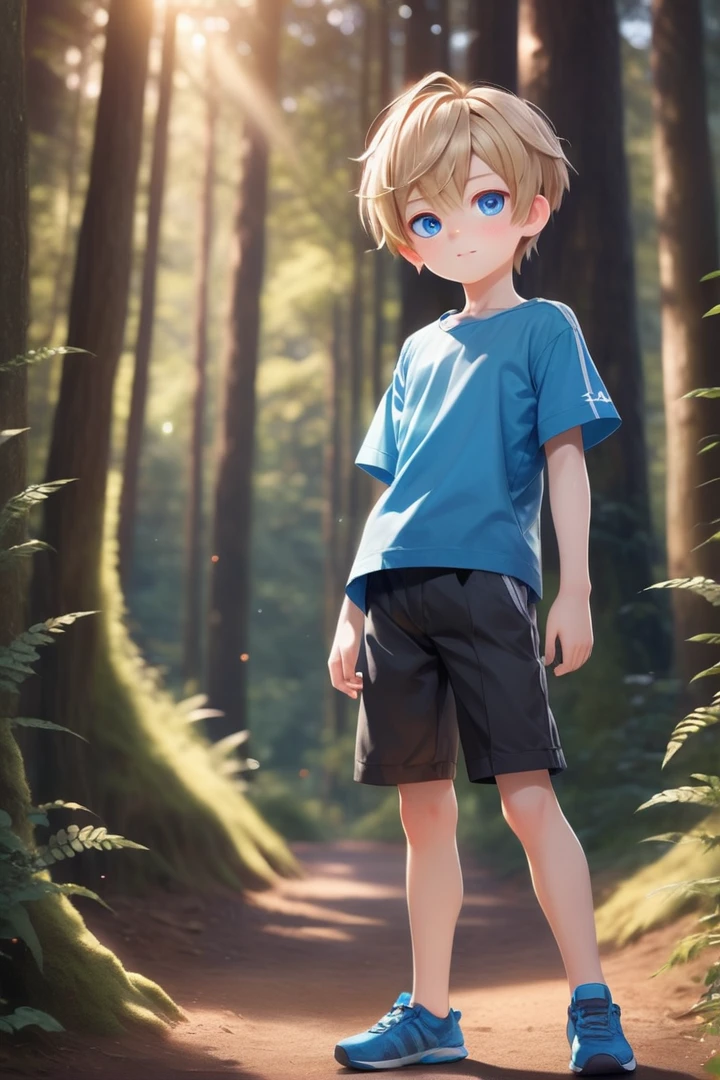 (1 boy:1.2), multicolored background,(very short hair)
crew cut,, blue eyes, masterpiece,  male characters, hires,
multiple details, sky,  forest, handsome,  ultra detailed background,  t shirt,
beautiful eyes (vocaloid), delicate features, high light in eyes, triangle chin, (full shot:1.2), (whole body:1.2),
, young, juvenile, detailed beautiful little boy, adorable boy, sunlight,standing
aoki, masterpiece, wearing shiny shorts
 