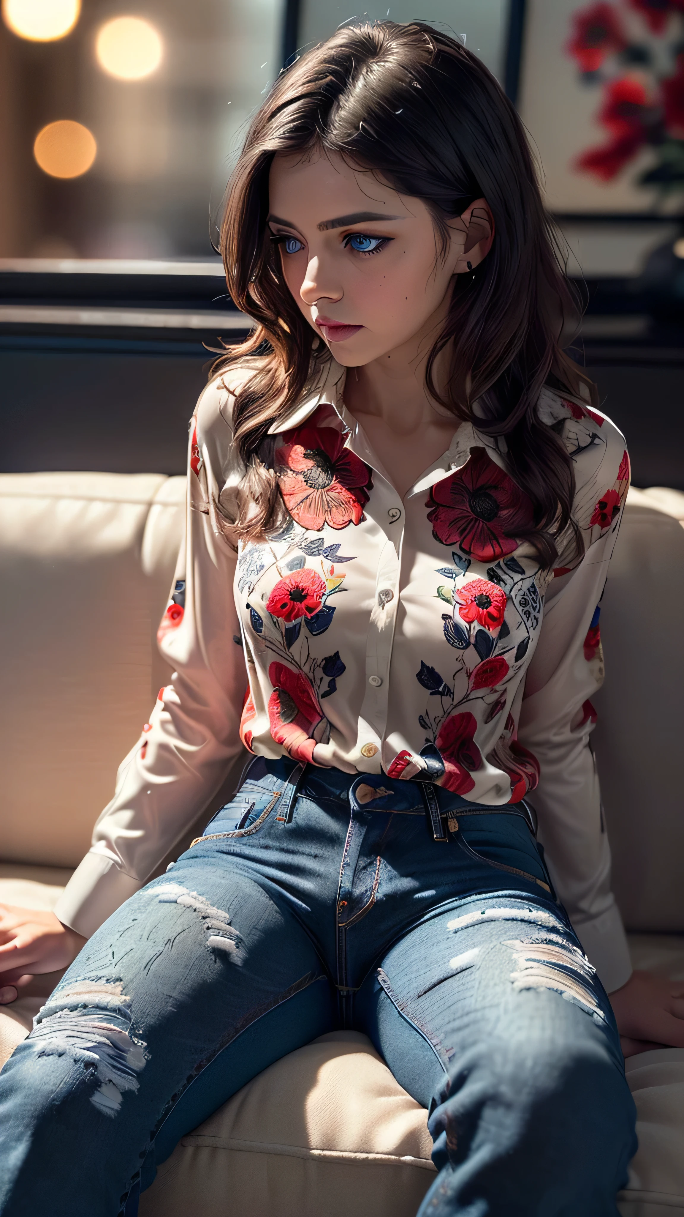 (masterpiece, photorealistic:1.4, extremely intricate:1.3), (photon mapping, radiosity, physically based rendering, ultra resolution, hyper-realistic, photorealistic:1.4, hyper-realistic, 8K), ((detailed woman, (soft loose red black flowerprint shirt, jeans, [ginger hair:dark hair:0.2], touseled hair, [flat chest:medium breasts:0.5]), sitting, white leather couch, (looking away, mature, [clear eyes:blue eyes:0.6]), [makeup:natural:0.5], elegant:1.3), BREAK, (((bokeh, Fujifilm, volumetric dim)))