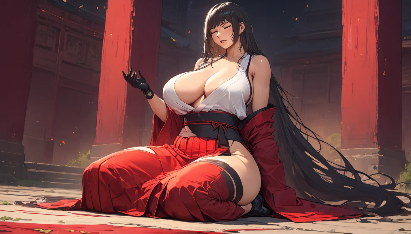 best quality,4k,8k,highres,masterpiece:1.2),ultra-detailed, extremely detailed eyes, extremely detailed body, (large masterpiece digital art), (detailed manga illustration), (detailed line art), ((perfect anatomy)), (intricate details:1.3), (ultra-detailed:1.3), (illustration:1.3), (sharp focus:1.3), (natural lighting:1.05), (vivid colors:1.3), (masterpiece), (best quality:1.4), (perfect anatomy:1.4), high quality, expressive eyes, full body, detailed face, beautiful face, perfect face, 1 girl, breasts, cleavage, gloves, large breasts, Japanese clothes, jacket, (underboob), robe, sash, belt pouchs, very long hair, thigh length hair, Japanese female, detailed ((black hair)), straight hair, Hime cut , closed eyes, curvaceous physique, arm wrap, hakama, hakama skirt, haori, miko, monk, thick thighs, toned, dynamic lighting, cinematic lighting, seiza, meditation, focused, Japanese temple background, curvy, Atey Ghailan, Jeremy Mann, Greg Manchess, Antonio Moro, trend in ArtStation, trend in CGSociety, Intricate, High Detail, Sharp focus, dramatic and photorealistic painting art by Midjourney and Greg Rutkowski, Jeff Bridges, ((cartoon style)), Marvel Cinematic Universe style