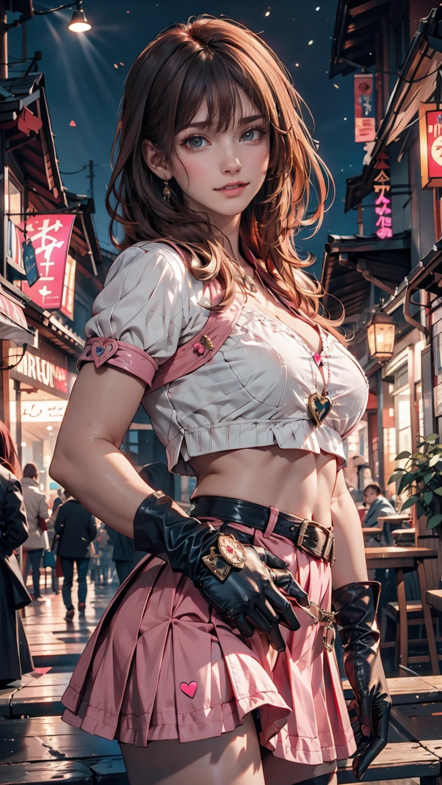 One girl,Cowboy Shot, Beautiful Nora_Valkyrie, View your viewers, smile, short hair, blue eyes,Heart Cutout, gloves,  Jacket, Pink Skirt, Pink Belt, Short sleeve, Puff sleeves, Wrist Seal, fingerless gloves, Orange Hair, pink gloves, Dynamic pose, night, Outdoor, city, (Volumetric lighting), Highest quality, masterpiece, Intricate details, Tone Mapping, Sharp focus, Super detailed, Trending on Art Station