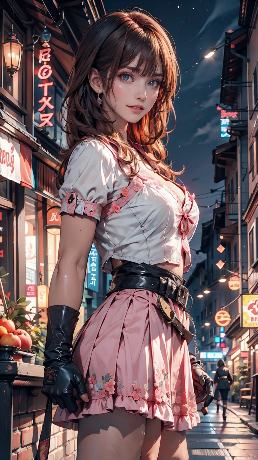 One girl,Cowboy Shot, Beautiful Nora_Valkyrie, View your viewers, smile, short hair, blue eyes,Heart Cutout, gloves, Jacket, Pink Skirt, Pink Belt, Short sleeve, Puff sleeves, Wrist Seal, fingerless gloves, Orange Hair, pink gloves, Dynamic pose, night, Outdoor, city, (Volumetric lighting), Highest quality, masterpiece, Intricate details, Tone Mapping, Sharp focus, Super detailed, Trending on Art Station