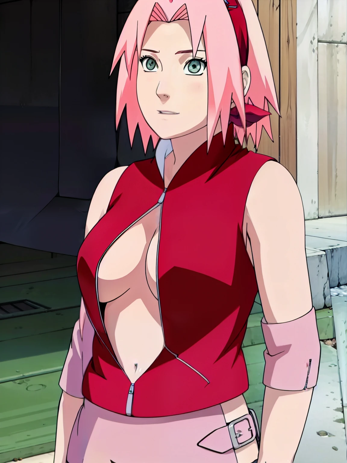Sakura Haruno showing her belly with open zipper and open top showing her sexy breasts
