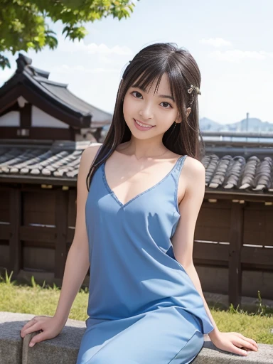 Japanese female, a lot of details, (underweight), detailed black hair, beautiful detailed hair, super fucking beautiful, delicate beautiful face, complex details beautiful and delicate eyes, perfect hands, (flat chest best quality:1.5), perfect and delicate limbs, detailed skin, best quality, ultra-detailed,(cheerful grin:1.5),
old castle in japan,Rooftop, sitting, semi long, (Japanese clothes), Japanese, blue sky and shining lights, (full body shot), (wide shot), ground-level shot