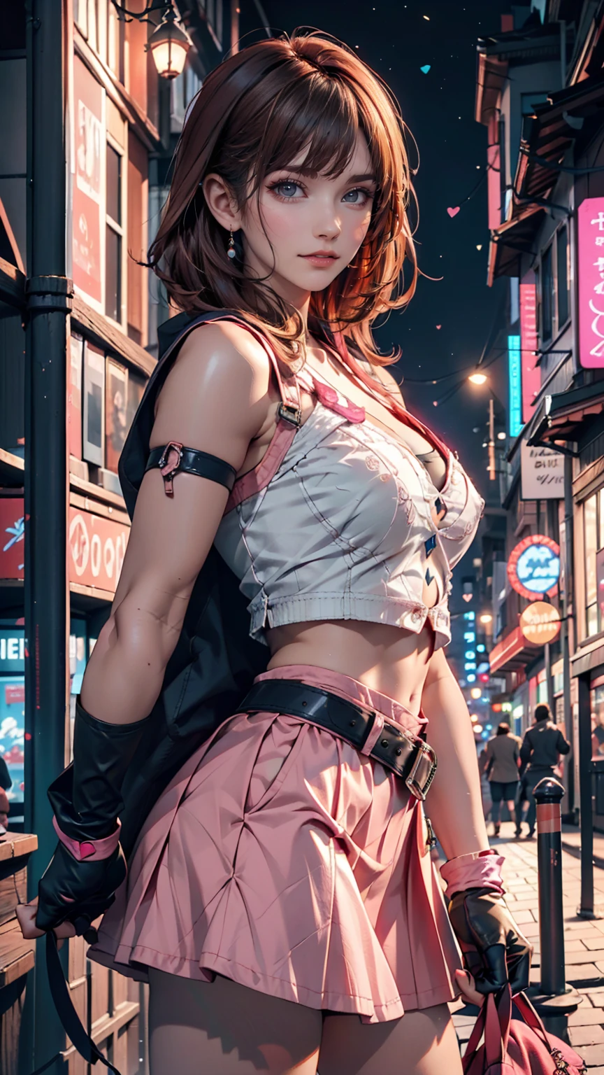 One girl,Cowboy Shot, Beautiful Nora_Valkyrie, View your viewers, smile, short hair, blue eyes,Heart Cutout, gloves, Jacket, Pink Skirt, Pink Belt, Short sleeve, Puff sleeves, Wrist Seal, fingerless gloves, Orange Hair, pink gloves, Dynamic pose, night, Outdoor, city, (Volumetric lighting), Highest quality, masterpiece, Intricate details, Tone Mapping, Sharp focus, Super detailed, Trending on Art Station