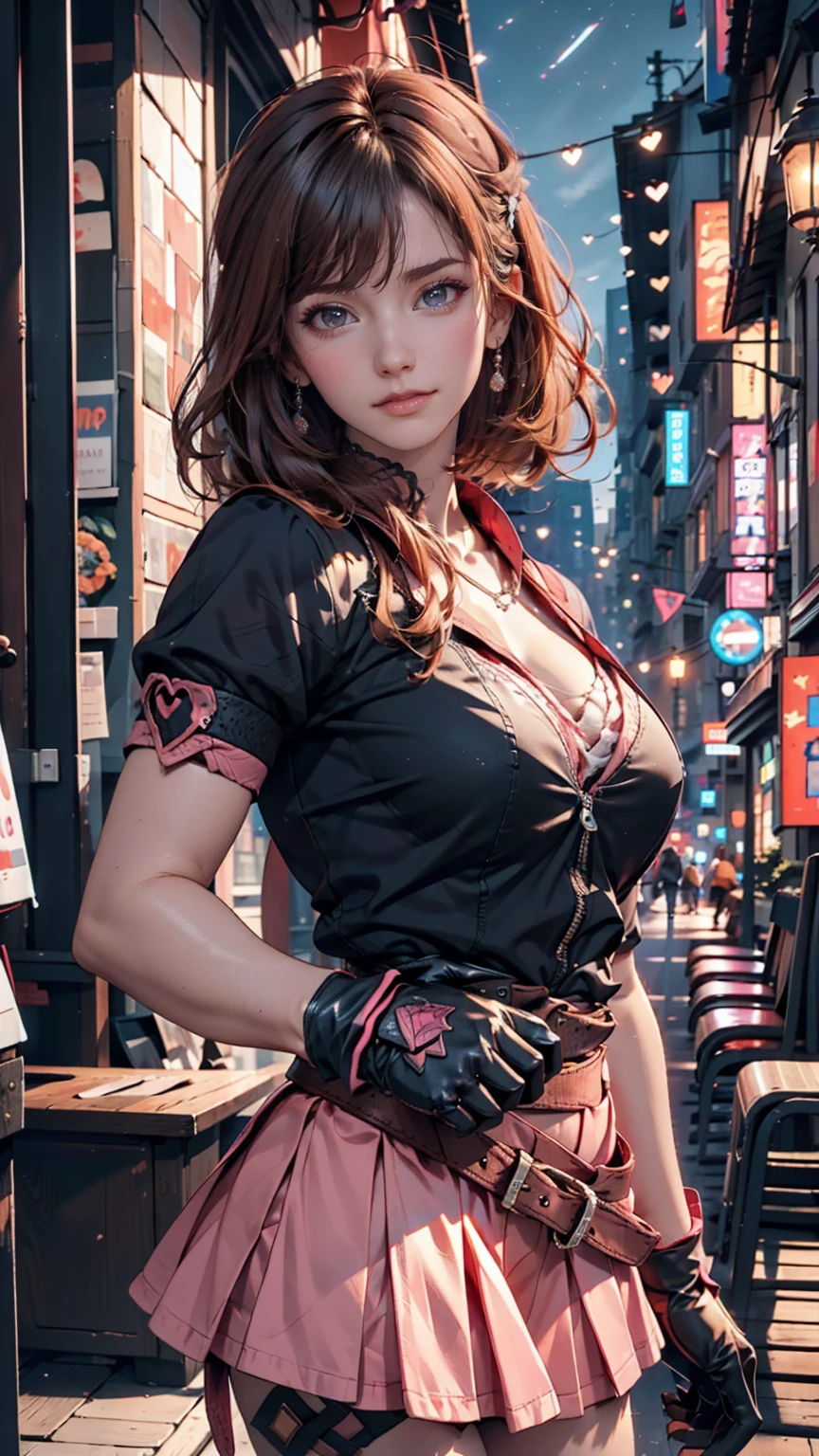 One girl,Cowboy Shot, Beautiful Nora_Valkyrie, View your viewers, smile, short hair, blue eyes,Heart Cutout, gloves, Jacket, Pink Skirt, Pink Belt, Short sleeve, Puff sleeves, Wrist Seal, fingerless gloves, Orange Hair, pink gloves, Dynamic pose, night, Outdoor, city, (Volumetric lighting), Highest quality, masterpiece, Intricate details, Tone Mapping, Sharp focus, Super detailed, Trending on Art Station
