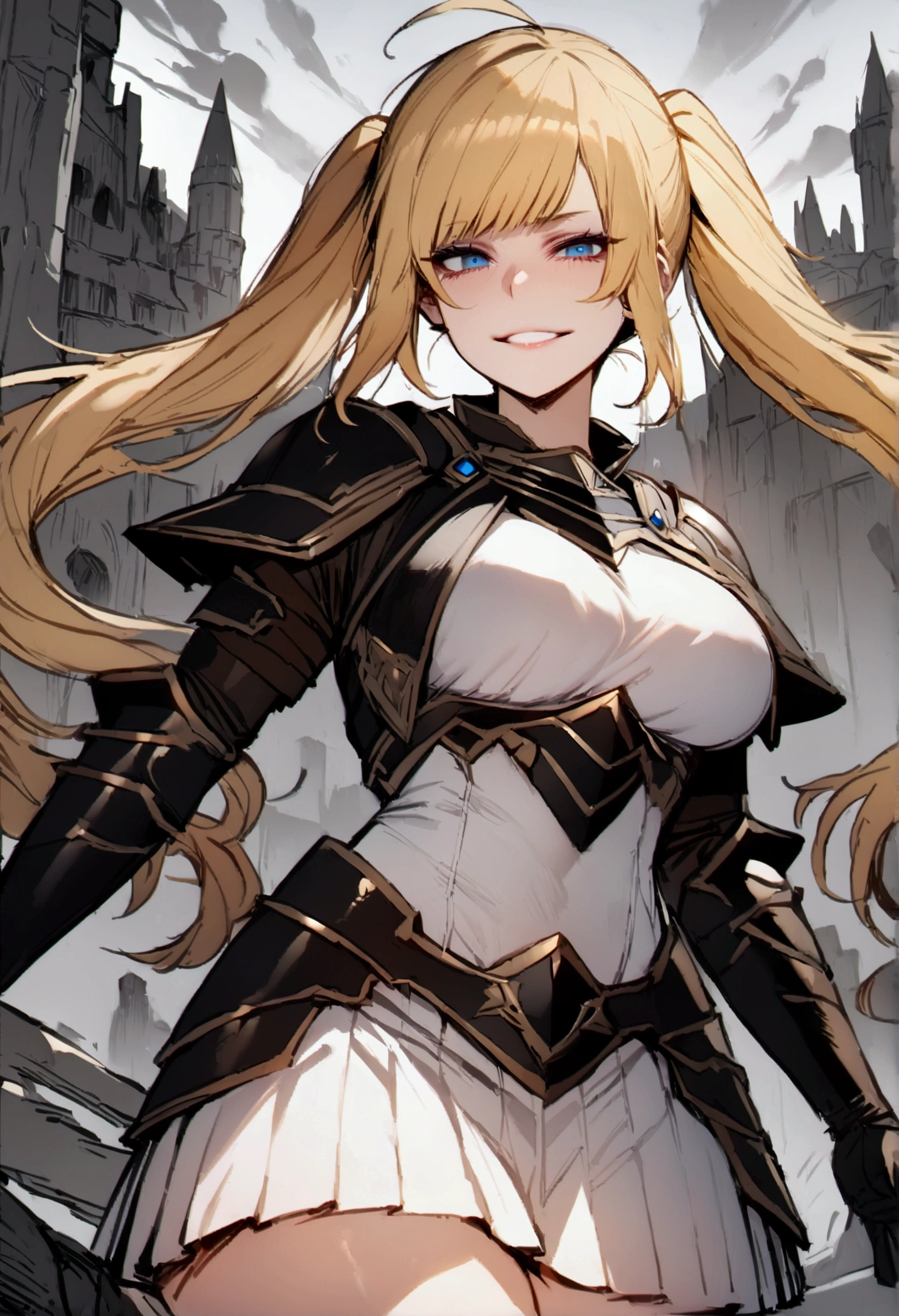 masterpiece, best quality 1girl, solo, beautiful woman, messy bangs, blond hair, long hair, twin tails, ahoge, blue eyes, grin, large breasts, armour, short white skirt, plated skirt, figureless black gloves, fantasy, looking at viewer, castell background