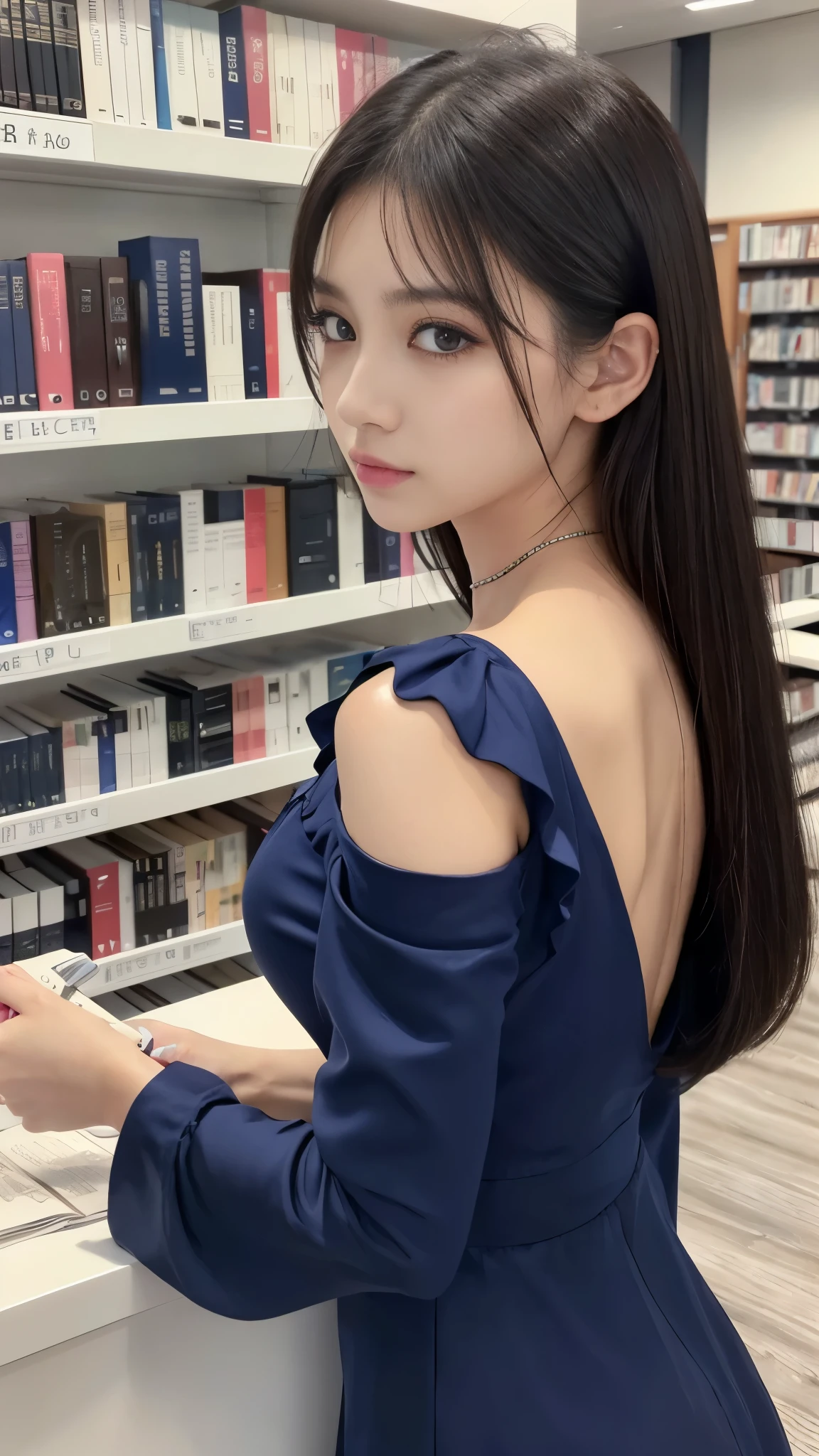 ((Library Reception))、(Square neck:1.2、Shoulder puff sleeves:1.2、Navy Blue Dress)、beautiful girl、One person、(((front:1.2)))、Cute Face、Smooth and well-groomed hair、(Detailed eyes and face:1.2、Professional photography techniques)、Highest quality、Highest quality、Masterpiece、Ultra high definition、The right move、(Gaze at the viewer)、double eyelid、mascara、eye shadow、Same eyes on both sides、Beautiful eyes in every detail、