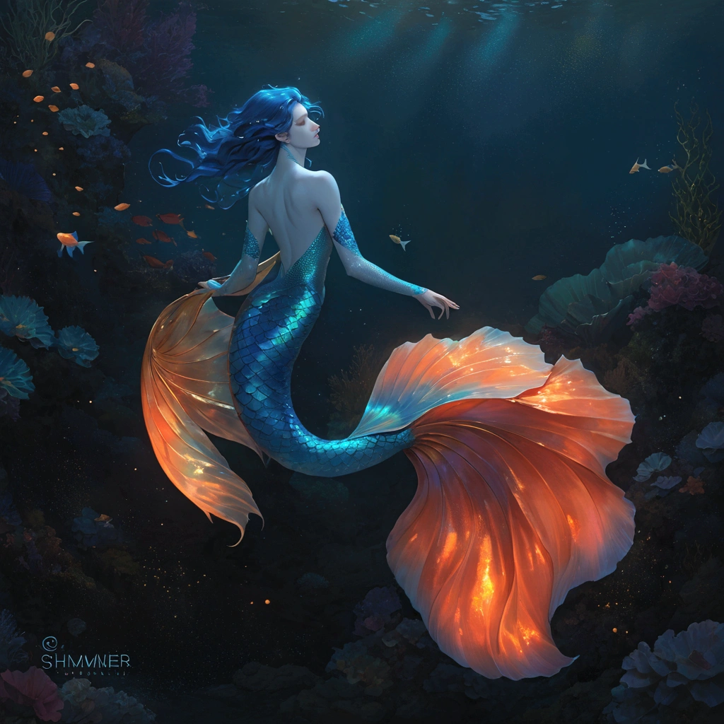 "Create a striking and captivating digital illustration of a male merman with the following features: Physical Appearance: Pale, porcelain-like skin with a delicate, almost ethereal quality Androgynous facial features that blend masculine and feminine traits - large, expressive golden eyes, high cheekbones, and full, sensual lips Long, flowing dark blue hair that cascades dramatically around the face and shoulders, creating a sense of movement and mystery A slender, lithe build with no visible muscle definition, giving the merman a delicate, almost fragile appearance Mermaid Tail: The merman’s lower body transitions into a long, powerful tail inspired by the vibrant and dramatic fins of a betta fish The tail is covered in shimmering, iridescent scales that shift and glimmer with a mesmerizing array of blues, greens, and golds The fins are large, flowing, and highly detailed, with intricate patterns and textures that suggest a sense of underwater movement and grace The tail tapers to a dramatic, elongated point, adding to the merman’s otherworldly and captivating appearance