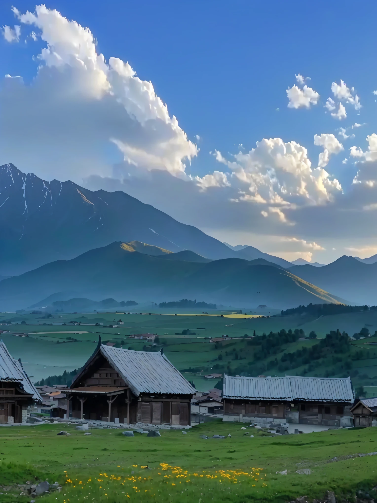 Mountains in the distance，There are several houses in the foreground, villages at background, village, Mountains in the background, 8K)), In the valley, Mountains in the background, Mountains in the background, very Very beautiful scenery, 背景中的village庄, Very beautiful scenery, Alexander Runciman, Valle encantador, 4 0 9 6, In the mountains