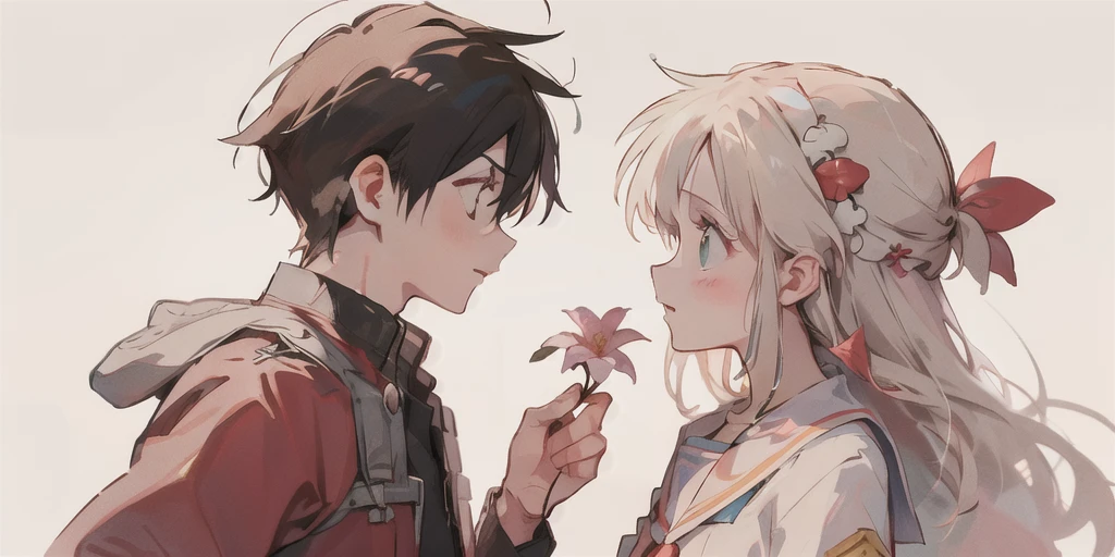 profile, One shy girl with emerald green eyes and long white hair, A boy with dark hair giving flowers to his girlfriend, Look at others, making eye contact,The boy is wearing a  with a stand-up collar、The girl is wearing a white sailor suit、