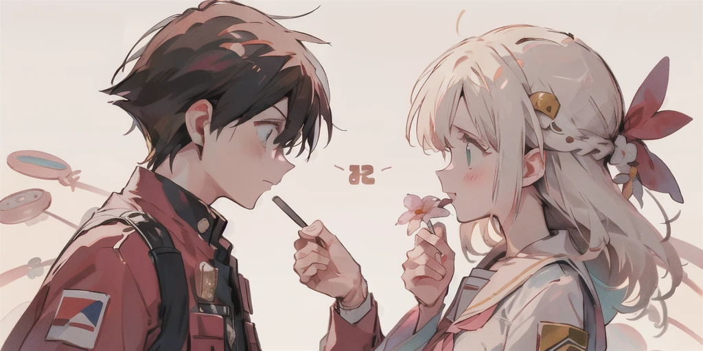 profile, One shy girl with emerald green eyes and long white hair, A boy with dark hair giving flowers to his girlfriend, Look at others, making eye contact,The boy is wearing a  with a stand-up collar、The girl is wearing a white sailor suit、