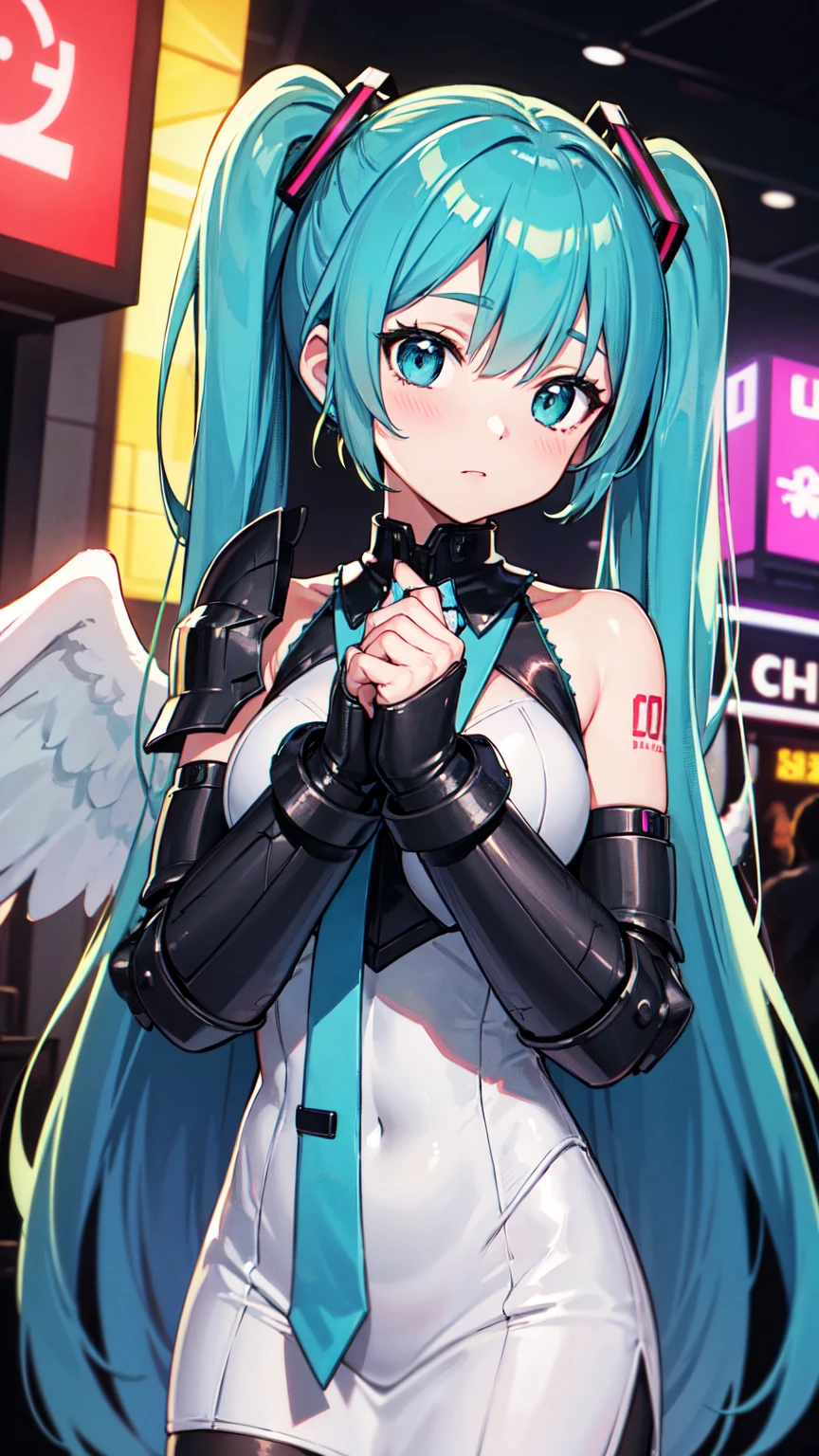 (Princess Knight), hatsune miku, ((wearing armor)), Angel wings, cyberpunk, noise removal, illustration, neon lights on the, Tabletop、Exquisite design、Visual Arts、Concept Artist、Five Fingers, Perfect body, {{{masterpiece}}}, {{{Highest quality}}}, {{Very detailed}}, {shape}, {{Very delicate and beautiful}},Improved cost performance、All Roles、Canon 5D MK4でphotograph、photograph,