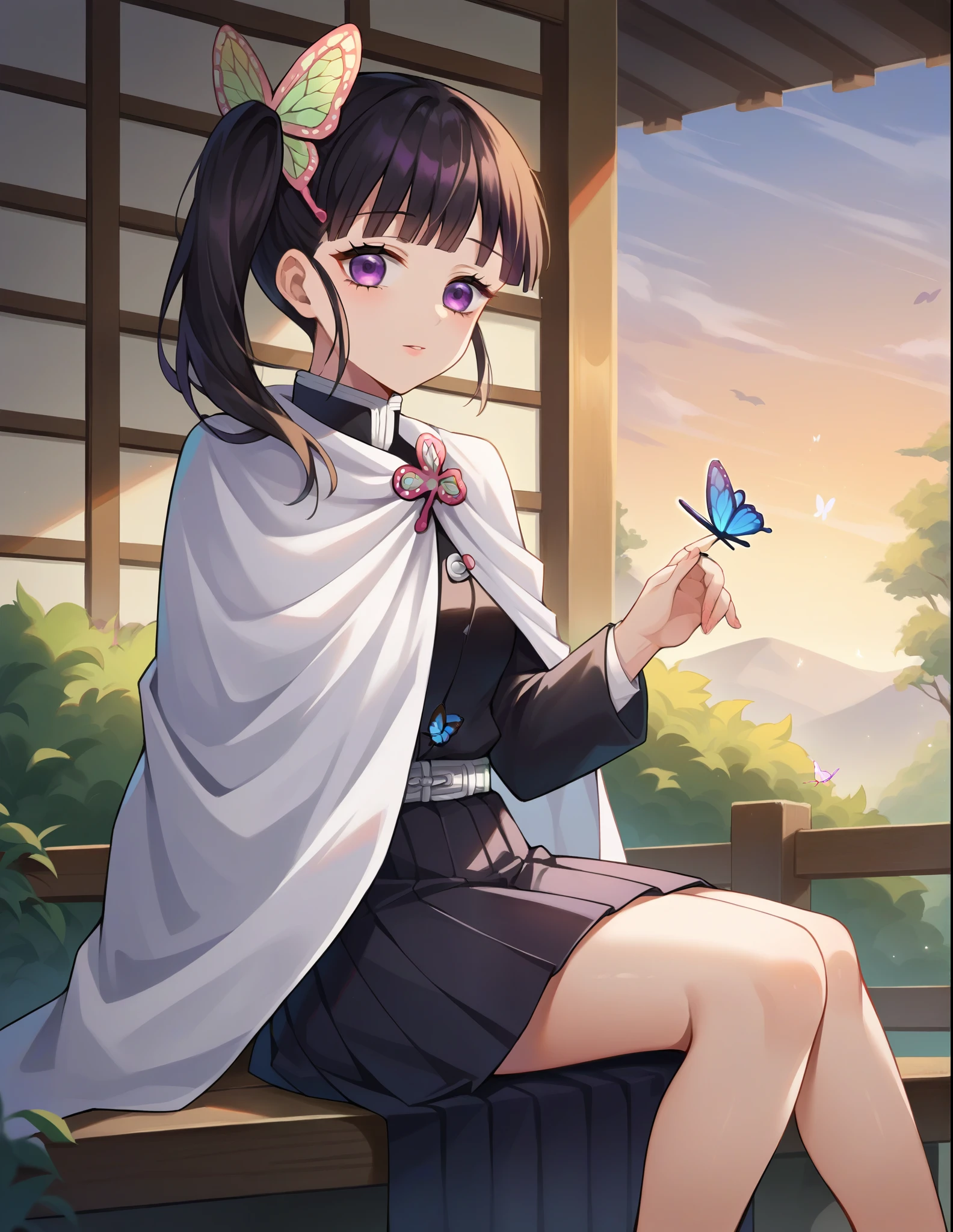 score_9, score_8_up, score_7_up, source_anime,
kanaotsuyuri, kanao tsuyuri, black hair, butterfly, butterfly hair ornament, purple eyes, side ponytail, ponytail,
black skirt, cape, demon slayer uniform, long sleeves, pleated skirt, skirt, white cape,
outdoors, sitting, porch, butterfly,
looking at viewer, dutch angle, cowboy shot,