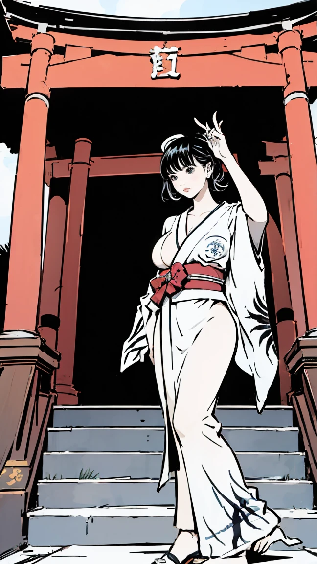 Wear a kimono with a skeleton pattern,Naked Women,Large Breasts,Big Breasts,There is a torii gate in the background.,Genitals are visible,