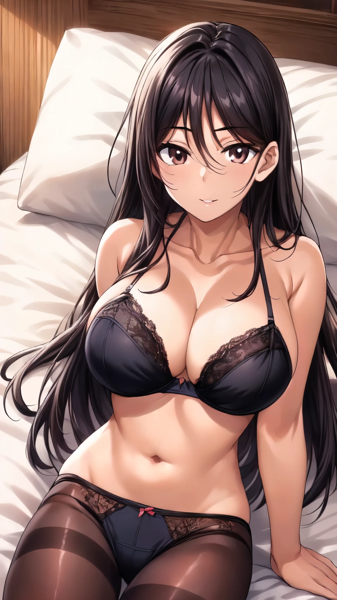 Official Art,(masterpiece:1.5),(Extremely accurate details,Ultra-high resolution:1.5),(High-definition CG Unity 8K:1.5),(thin:1.5),Background white,Perfect lighting,colorful,24-years-old,(on back:1.4),(Lean back:1.4),(Bright front face lighting:1.3),(Perfect female body:1.4),(Spread your legs:1.0),(Long Straight Hair:1.5),(sharp:1.4),(curve,model,Glamour:1.5),(Large Breasts:1.4),(Realistic, 超Realistic:1.5),(Beautiful female hands:1.4),(Aesthetic Anime Eyes:1.4),(White sheets:1.4),(Beautiful breasts,Perfect breasts,Attractive breasts,Round chest:1.2),(Broke up_lips:1.4),(Sleeping lying on your back in bed:1.4),(Captivating smile:1.4),(Black underwear:1.4),(A bra with attention to detail,Rajbra,Ren Hao,lace trim bra:1.5),Red eyes,(Black-haired:1.4),Clean your ears,(Broke up bangs:1.3),look at me,26 years old,(panties under pantyhose:1.4),(Sleep on your back:1.4),(arms behind back:1.3),(on back:1.4),(Lean back:1.4),
(Black underwear:1.4),(Black Stockings)
