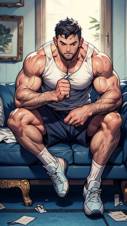 Draw an athlete，He is young，He was wearing shorts and a sleeveless shirt.，In the marble windowless room，Light coming from the side，He has well-developed muscles that are inconsistent with his age.，He is sweating，light blue，Face the audience，Sitting on the pure white sofa，Lean back on the backrest，，sleep，Wearing white socks，Broad shoulders ,Very strong, muscular，Men, Muscle Man，Clean face，full-body shot，Shoes, clothes and towels piled up at my feet