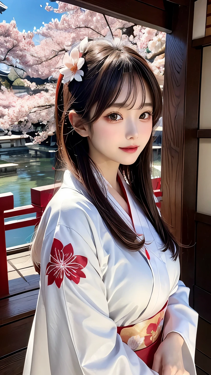 ((animestyle, digitalart, 4k)), (rich colors), ((A girl was in a Japanese-style shrine with cherry blossoms. Because she was wearing a loose white kimono, her breasts were naturally sagging)), (sun light), ((japanese temple background)), (sakura blossom),(lighting on sky) forest nearby, (wind with sakura flowers), ((model shot)),(((1girl/))), ((shenhe)), ,((hot body)),(white robe, flower pattern), quiet atmo, ,shenhe2,close up,Mizuki_Lin, upper body, from below