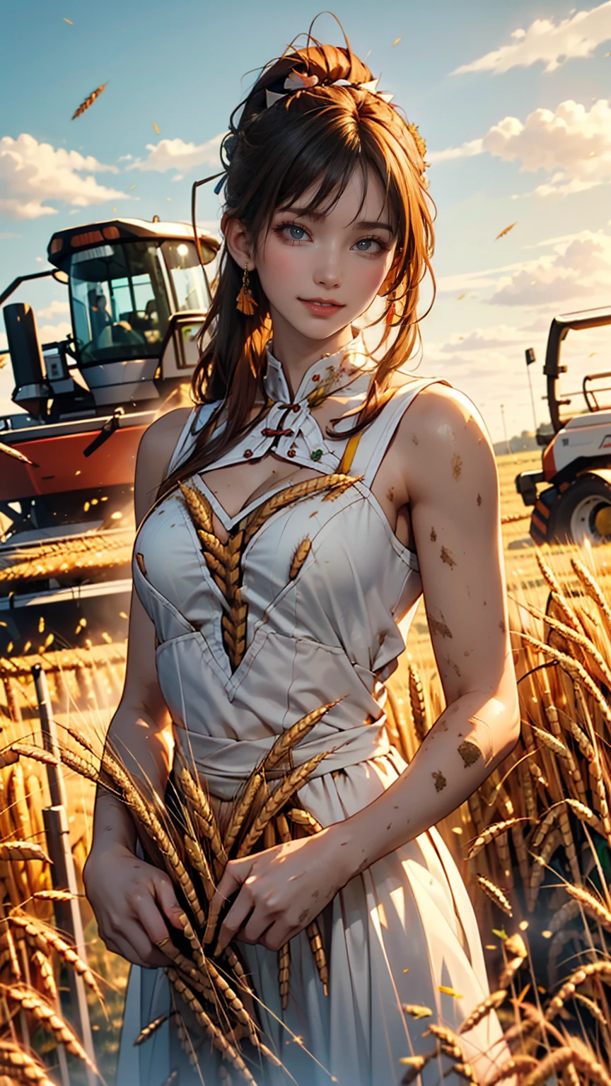Korean women, (masterpiece, Beautiful person, Dirty smile), Virtual YouTube, Farm work in the countryside, (There are (Harvesting wheat: 1.4)), Fertilization, weeding, Ordinary face, No makeup, Country girl, ponytail, Detailed skin texture, Detailed cloth texture, Detailed and delicate face. masterpiece, Narrow waist, The body is slim.