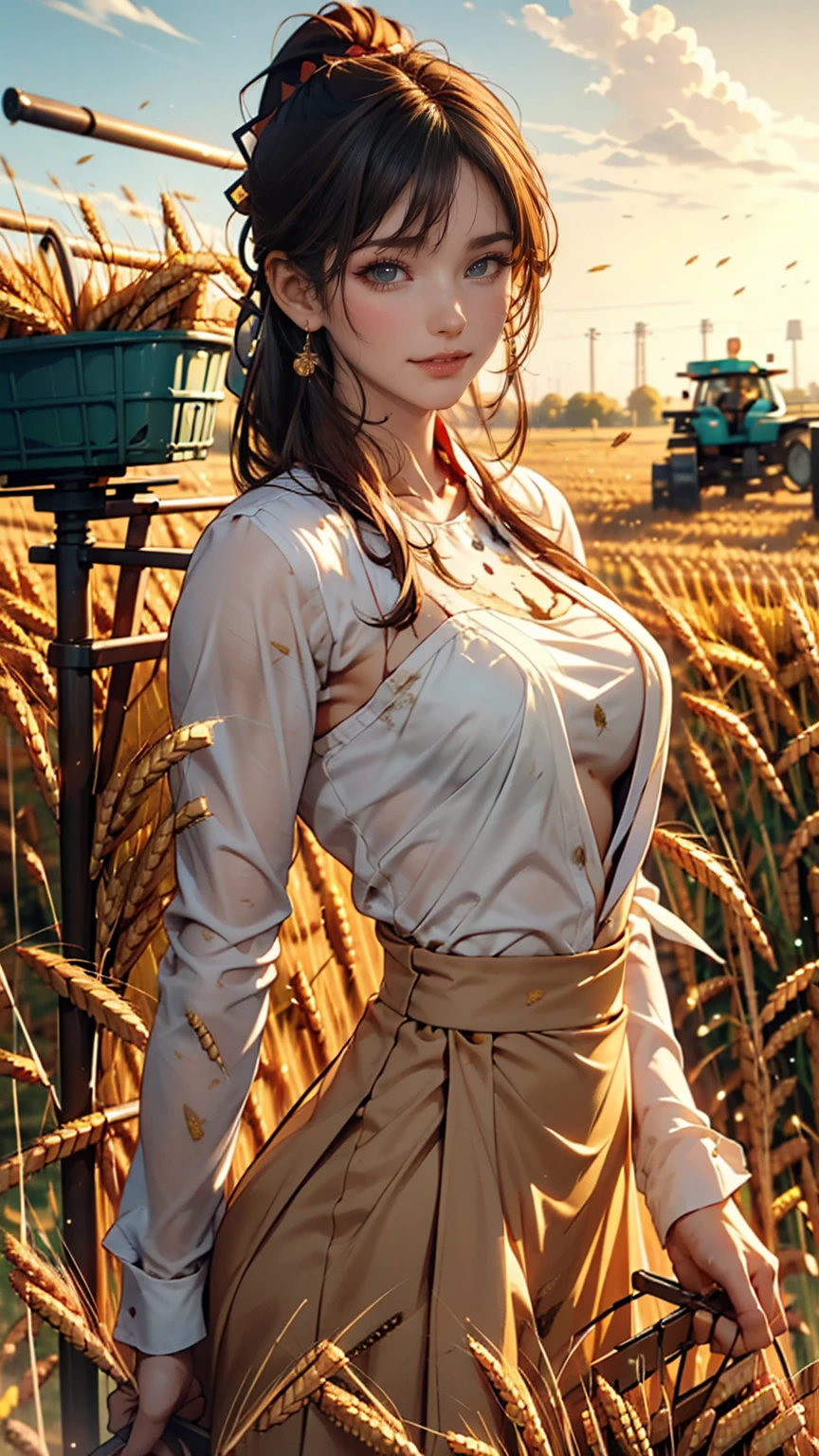 Korean women, (masterpiece, Beautiful person, Dirty smile), Virtual YouTube, Farm work in the countryside, (There are (Harvesting wheat: 1.4)), Fertilization, weeding, Ordinary face, No makeup, Country girl, ponytail, Detailed skin texture, Detailed cloth texture, Detailed and delicate face. masterpiece, Narrow waist, The body is slim.